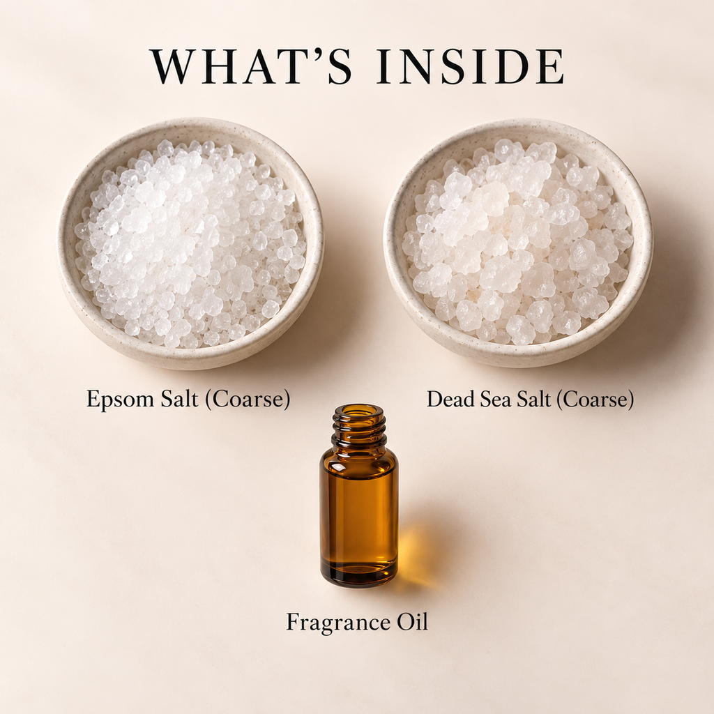 Illustrated ingredient overview: coarse Epsom salt, coarse Dead Sea salt, and fragrance oil