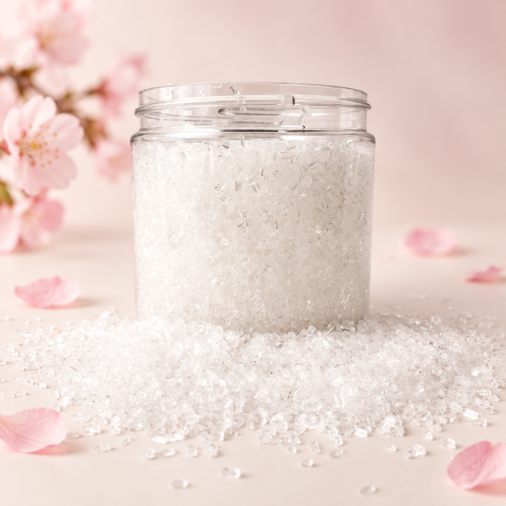 Styled Japanese Cherry Blossom bath salts mockup: clear jar of white coarse salts with cherry blossoms outside the jar