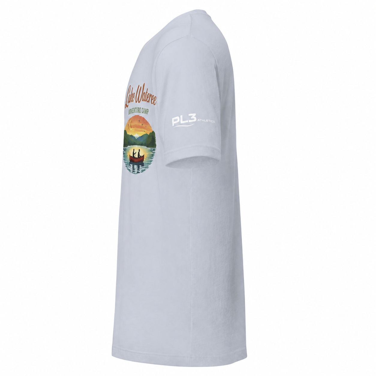 Left-side view of the Lake Wateree Adventure Camp T-shirt with PL3 Athletics sleeve logo