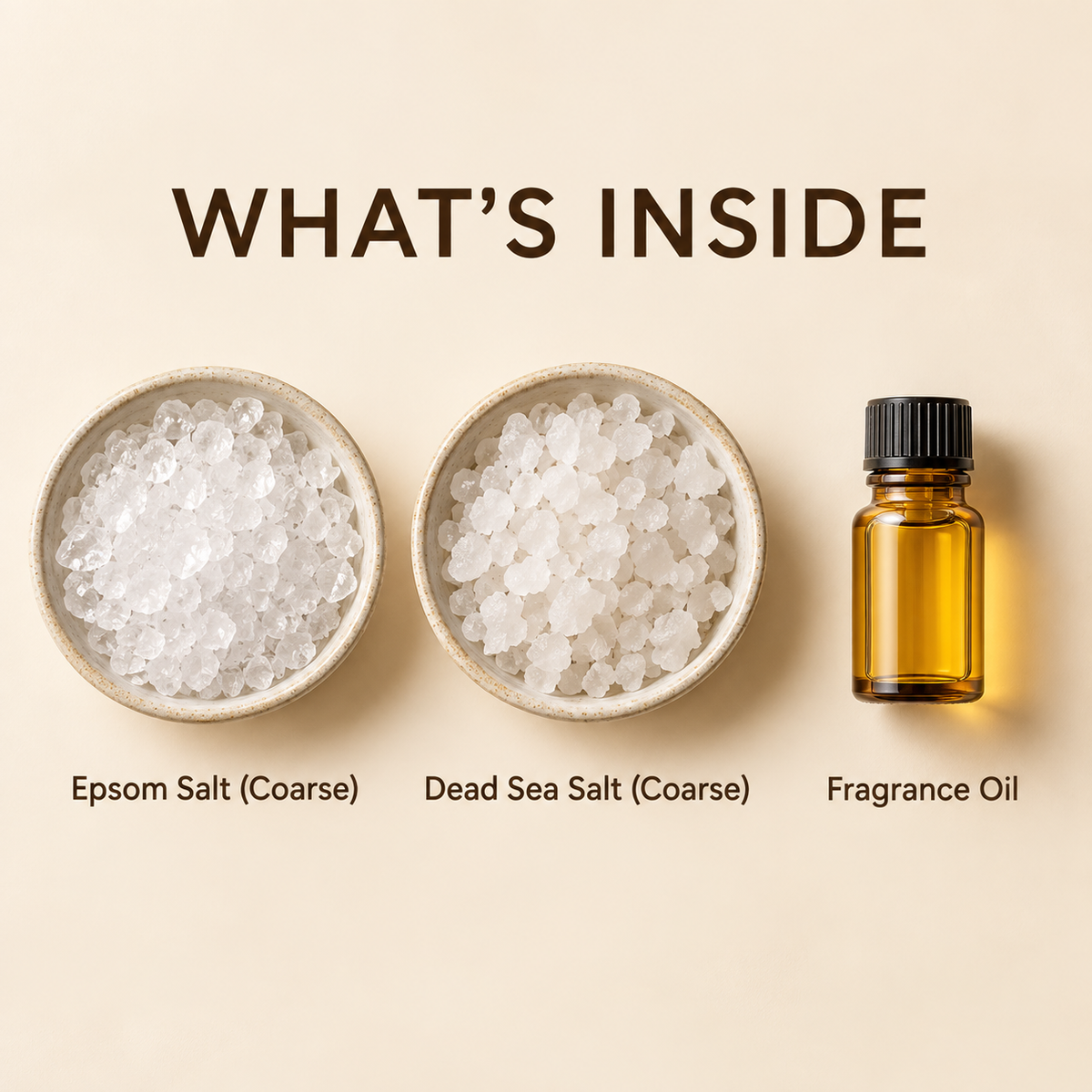 Illustrated ingredient overview: coarse Epsom salt, coarse Dead Sea salt, and fragrance oil