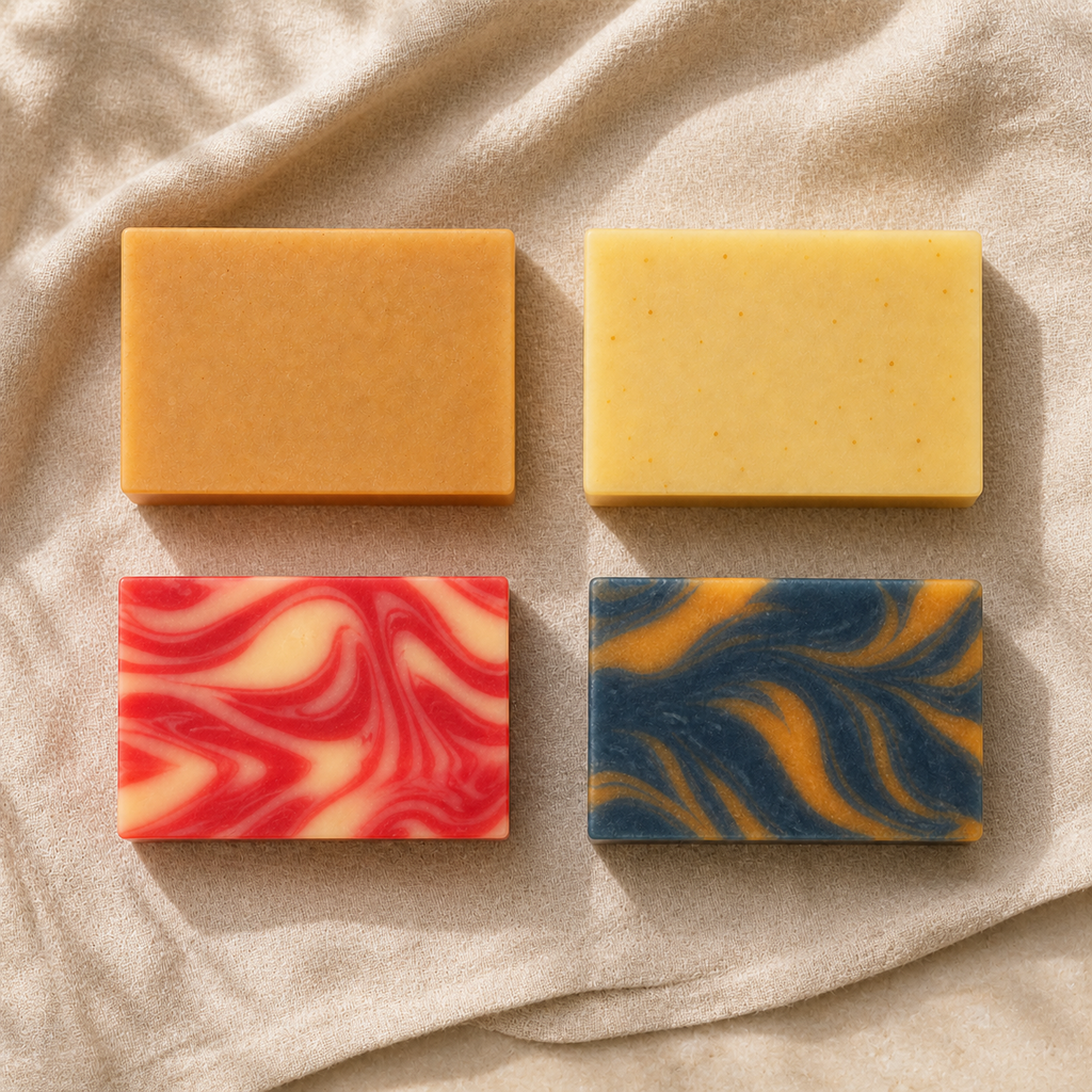 Four PL3 cold process soaps arranged on natural linen
