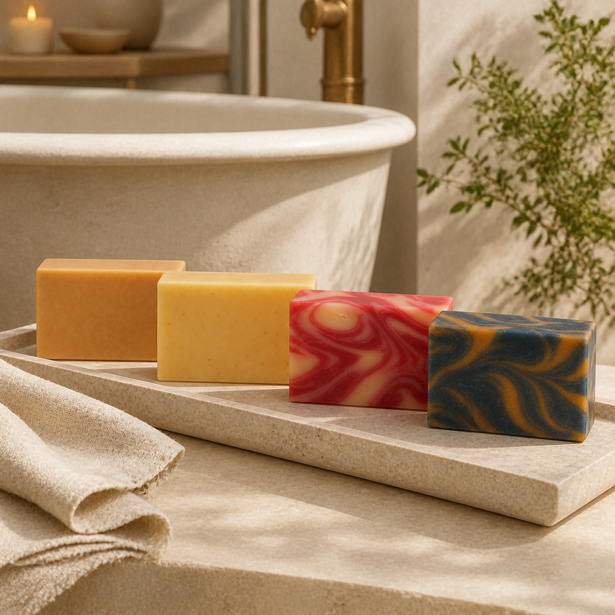 PL3 four-bar soap collection displayed beside a spa bathtub