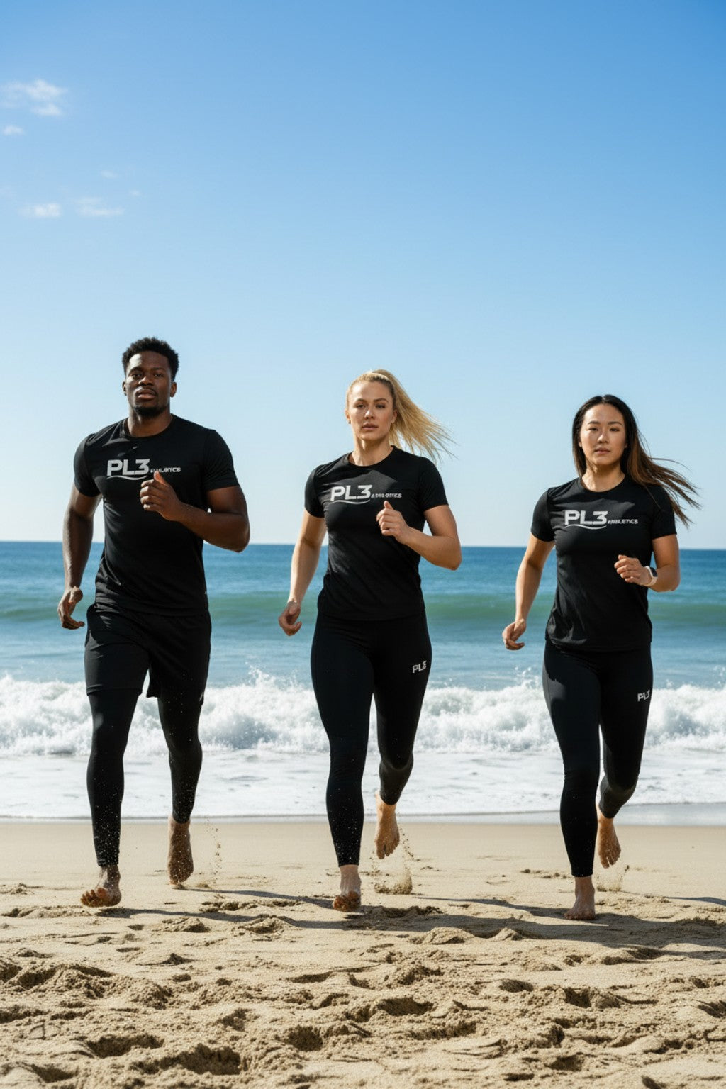 Athletes running on beach in black PL3 Athletics shirts