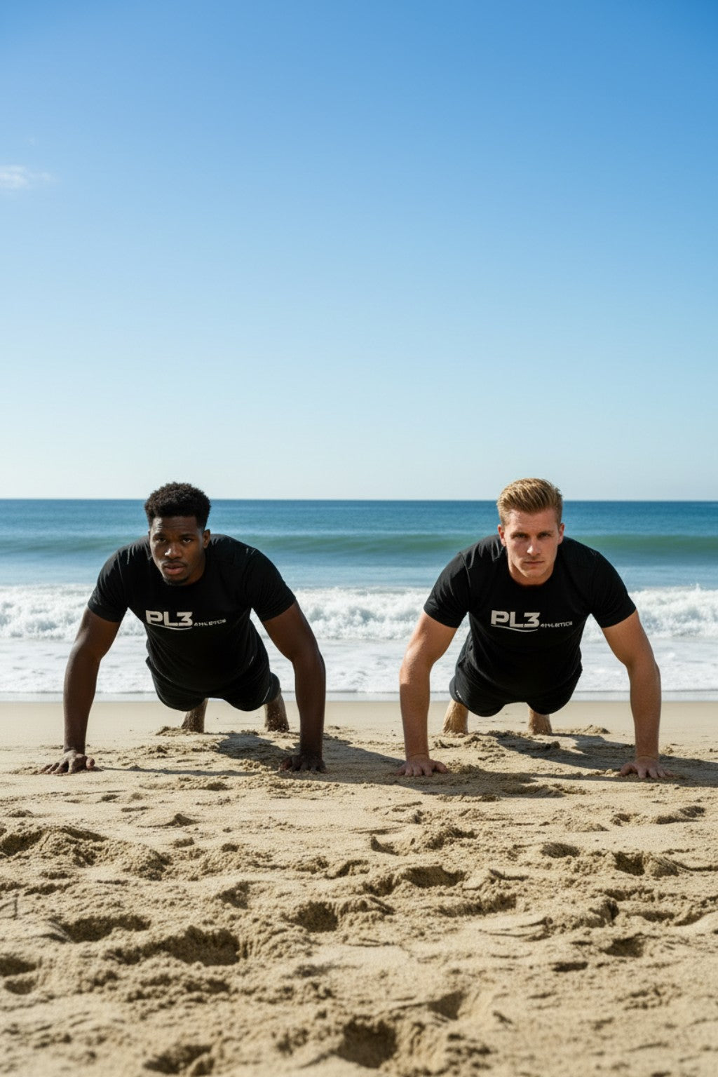 Men doing beach push-ups in black PL3 Athletics shirts