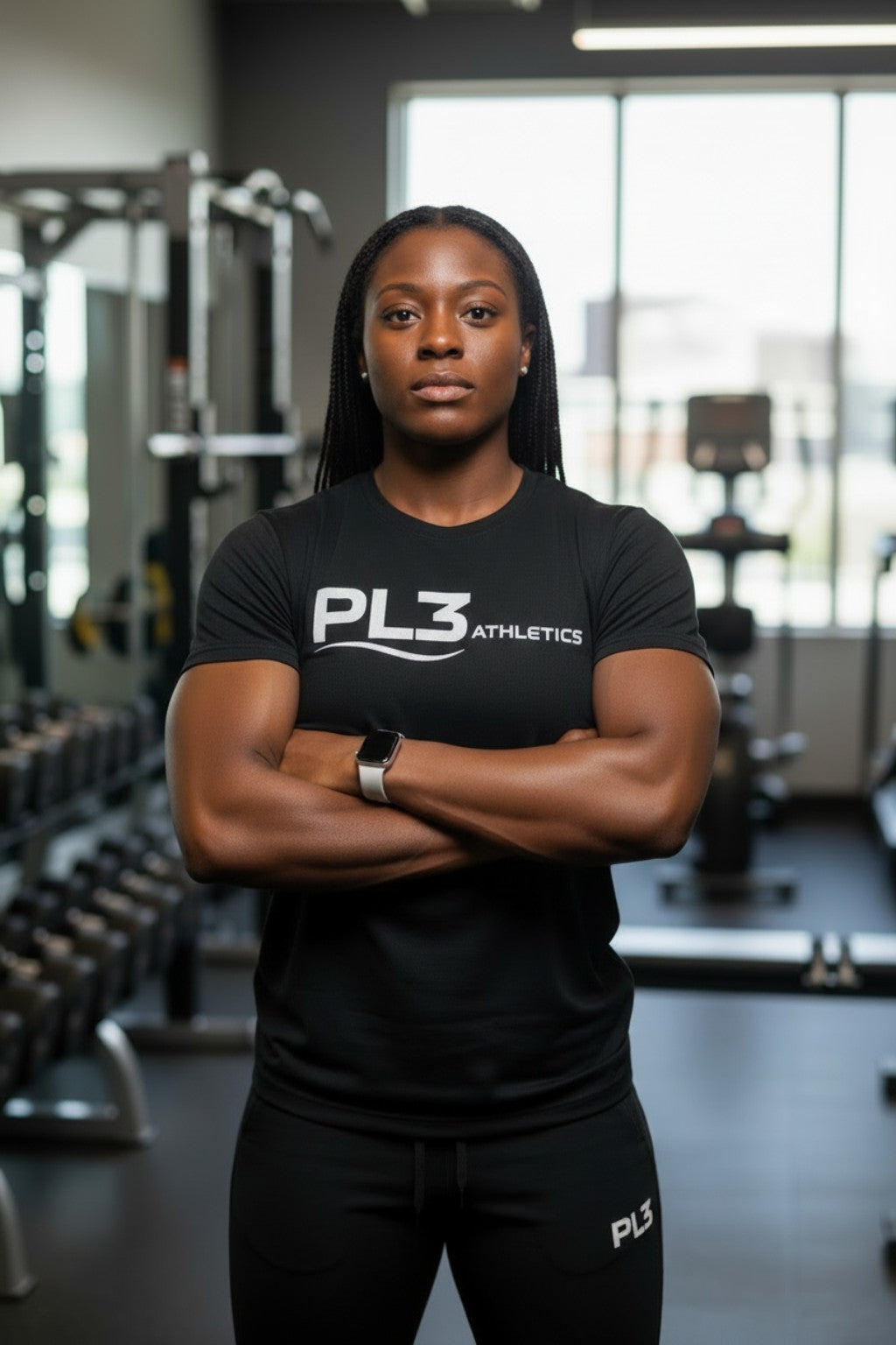 Woman wearing black PL3 Athletics training shirt with arms crossed