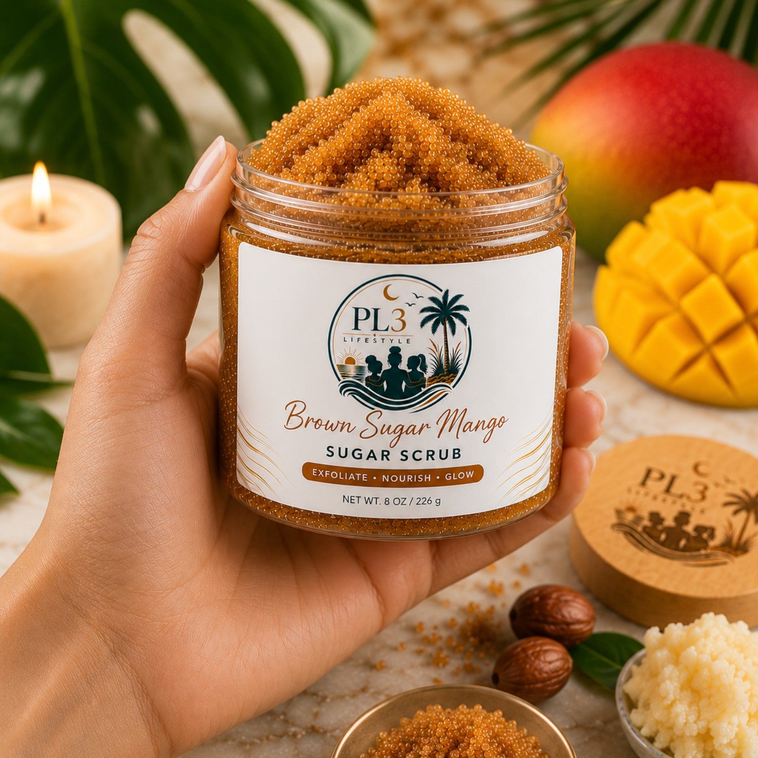 Hand holding an 8 ounce jar of PL3 Lifestyle Brown Sugar Mango Sugar Scrub