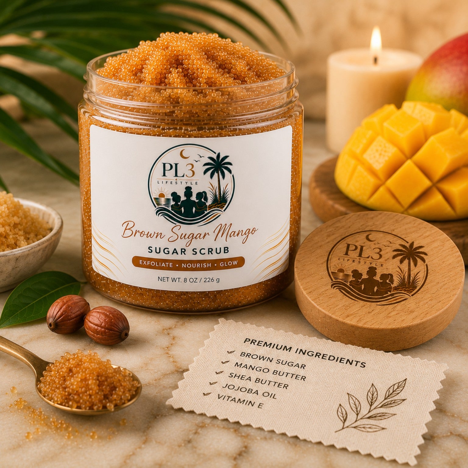 PL3 Lifestyle Brown Sugar Mango Sugar Scrub premium ingredients display