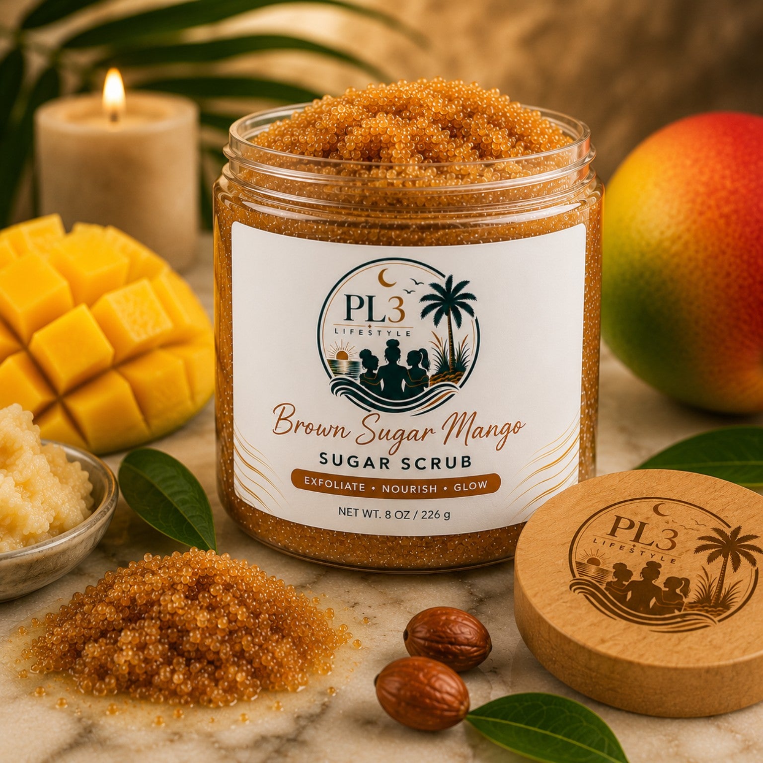 Luxury lifestyle display of PL3 Lifestyle Brown Sugar Mango Sugar Scrub with mango and candle