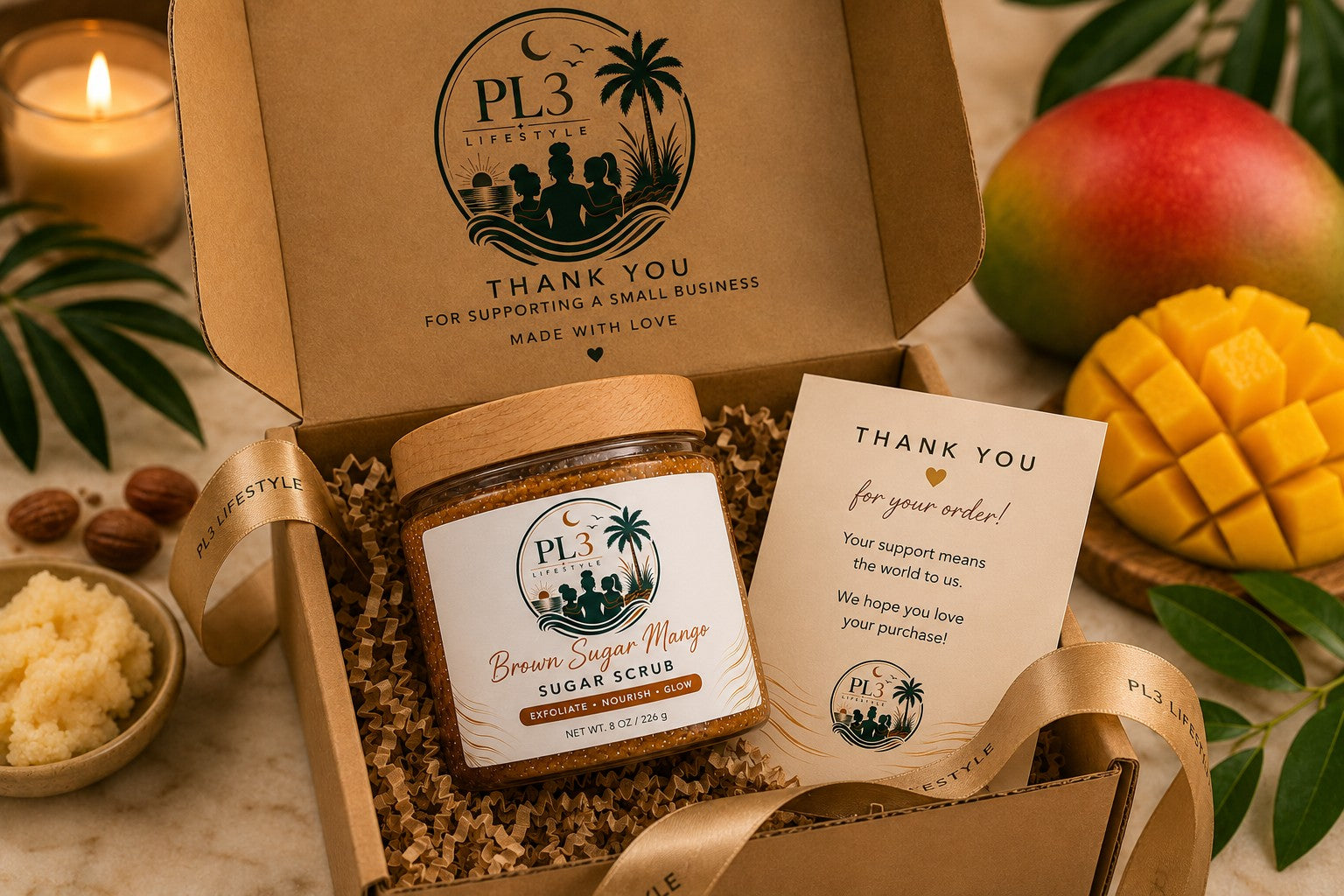 PL3 Lifestyle Brown Sugar Mango Sugar Scrub packaged in a gift box with thank-you card and ribbon