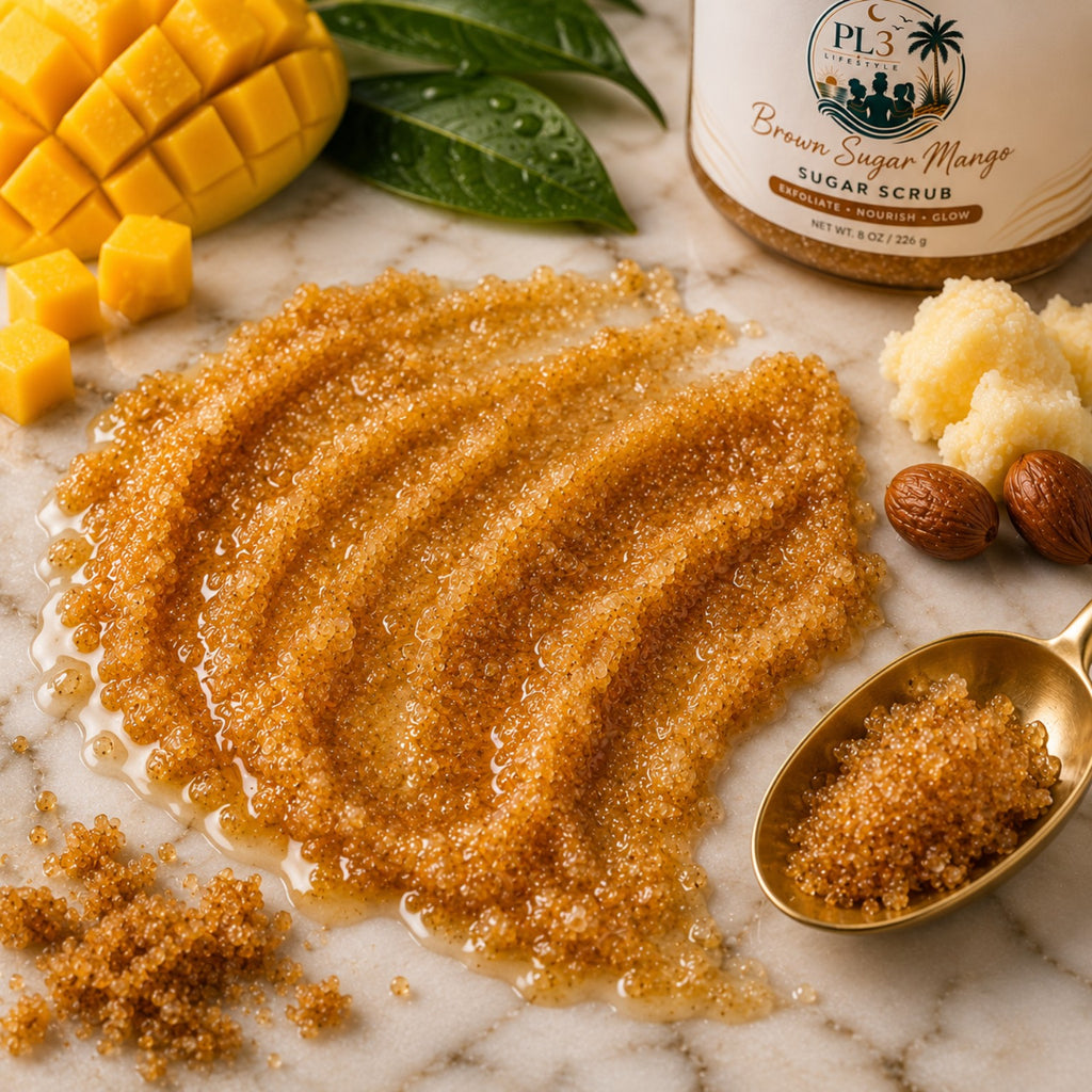 Brown Sugar Mango Sugar Scrub spread on marble with mango, shea butter and a gold spoon