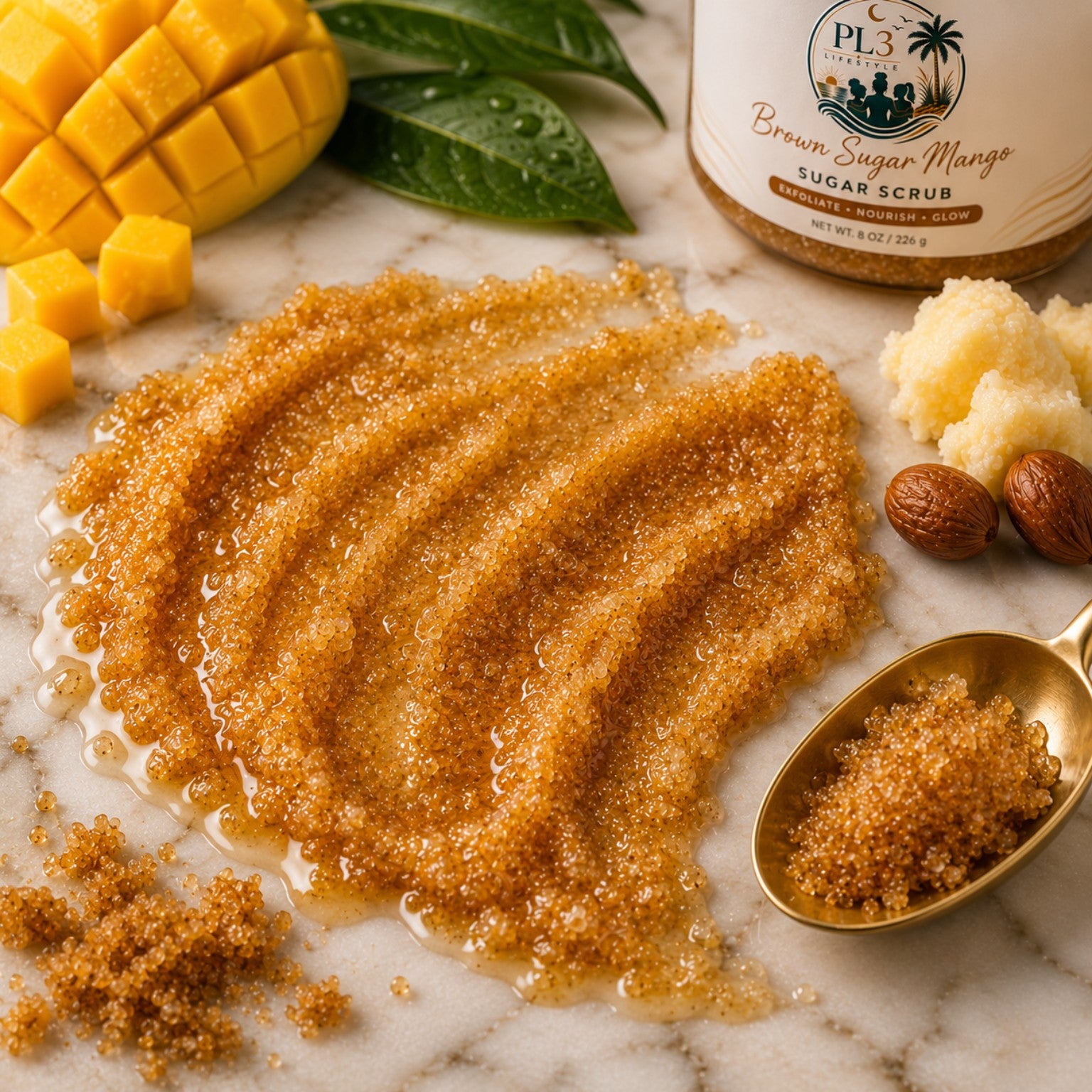 Brown Sugar Mango Sugar Scrub spread on marble with mango, shea butter and a gold spoon