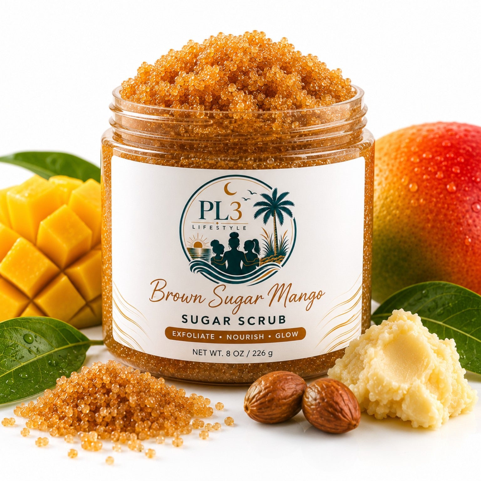 Square product image of PL3 Lifestyle Brown Sugar Mango Sugar Scrub in an 8 ounce jar