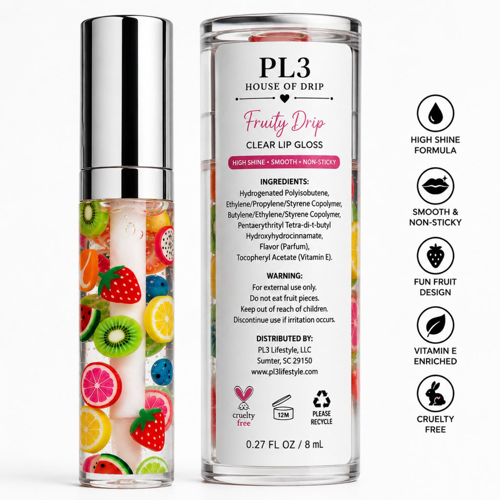 PL3 Fruity Drip clear lip gloss label, ingredients, warnings, and product features