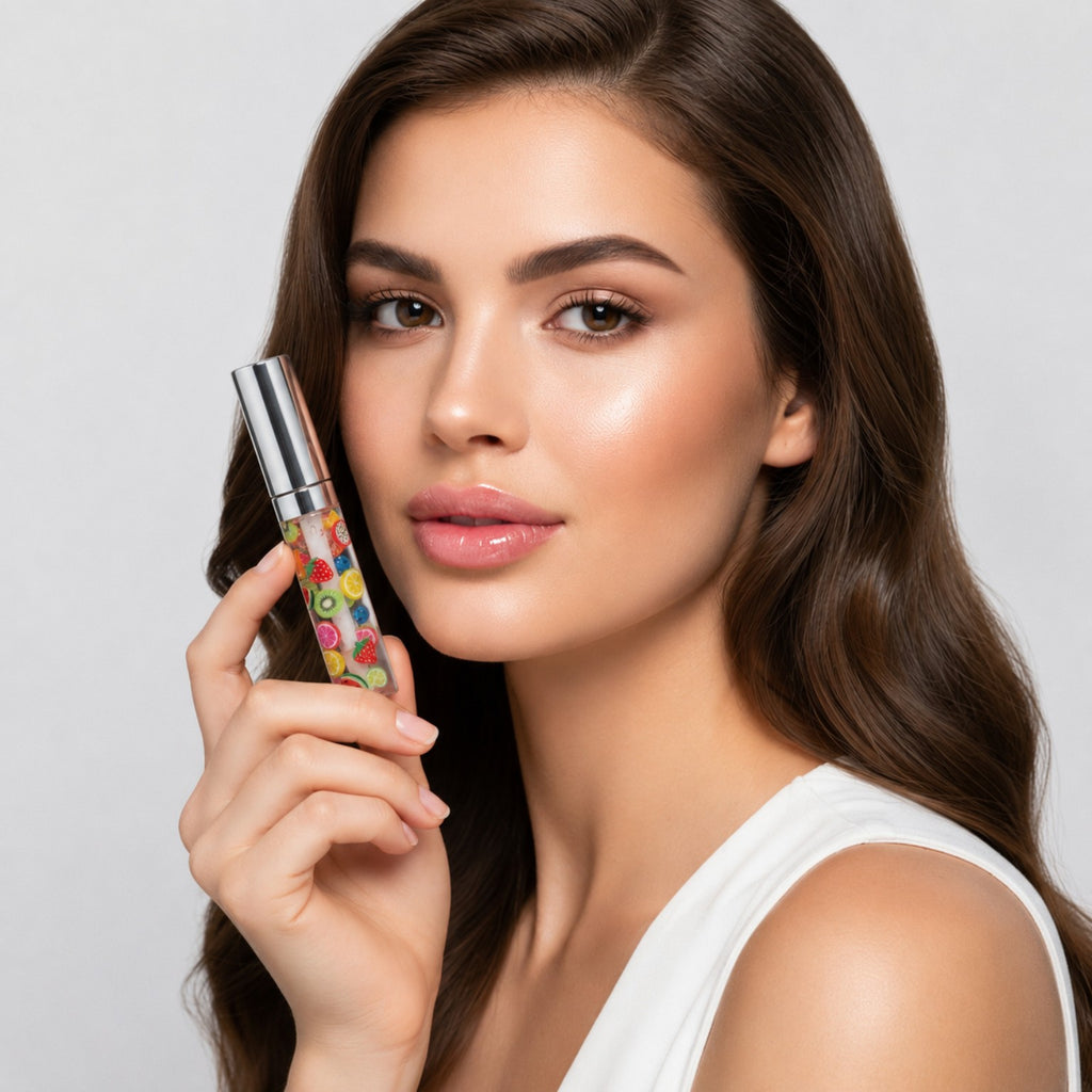 Model holding PL3 Fruity Drip clear lip gloss beside glossy lips
