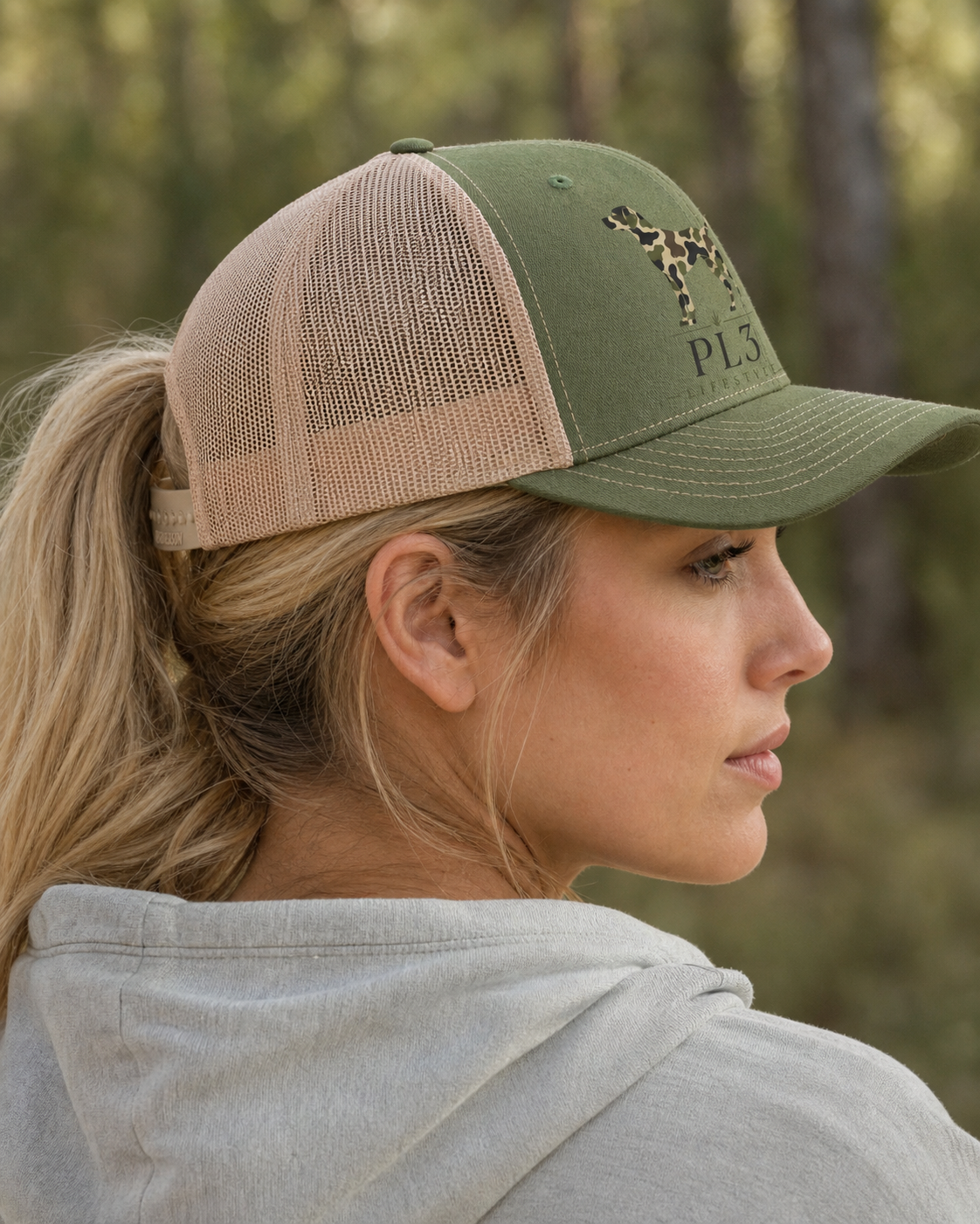 PL3 Hunting Dog Richardson 112FP trucker cap, side profile and mesh-back fit detail