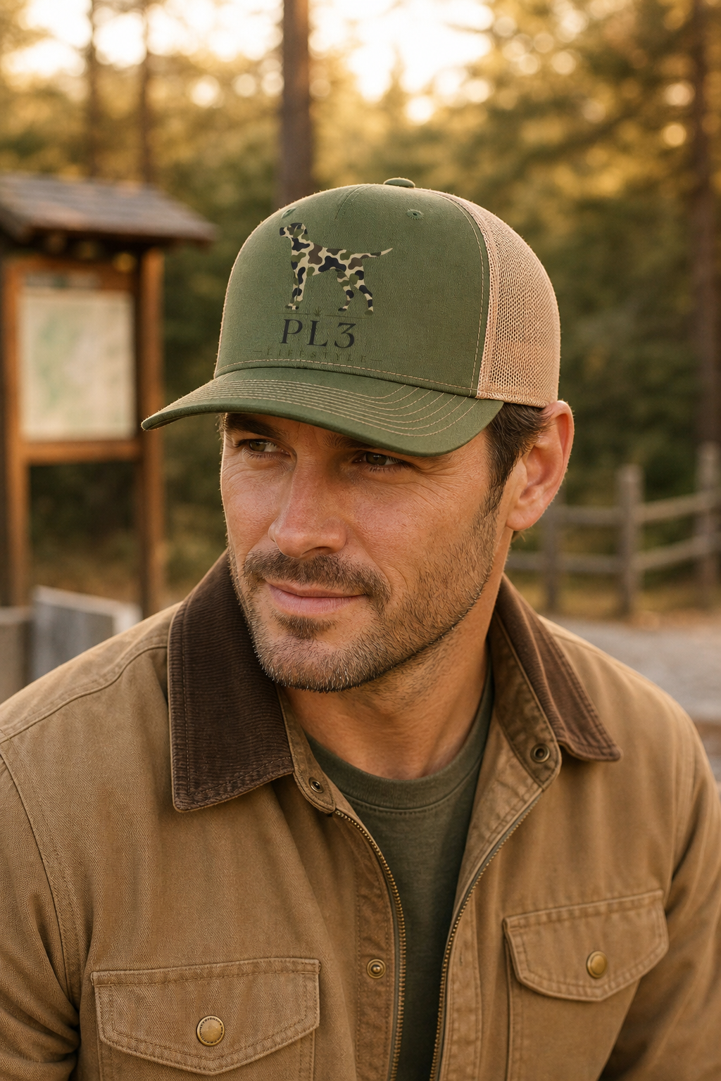 PL3 Hunting Dog Camo Trucker Cap worn outdoors, front three-quarter fit