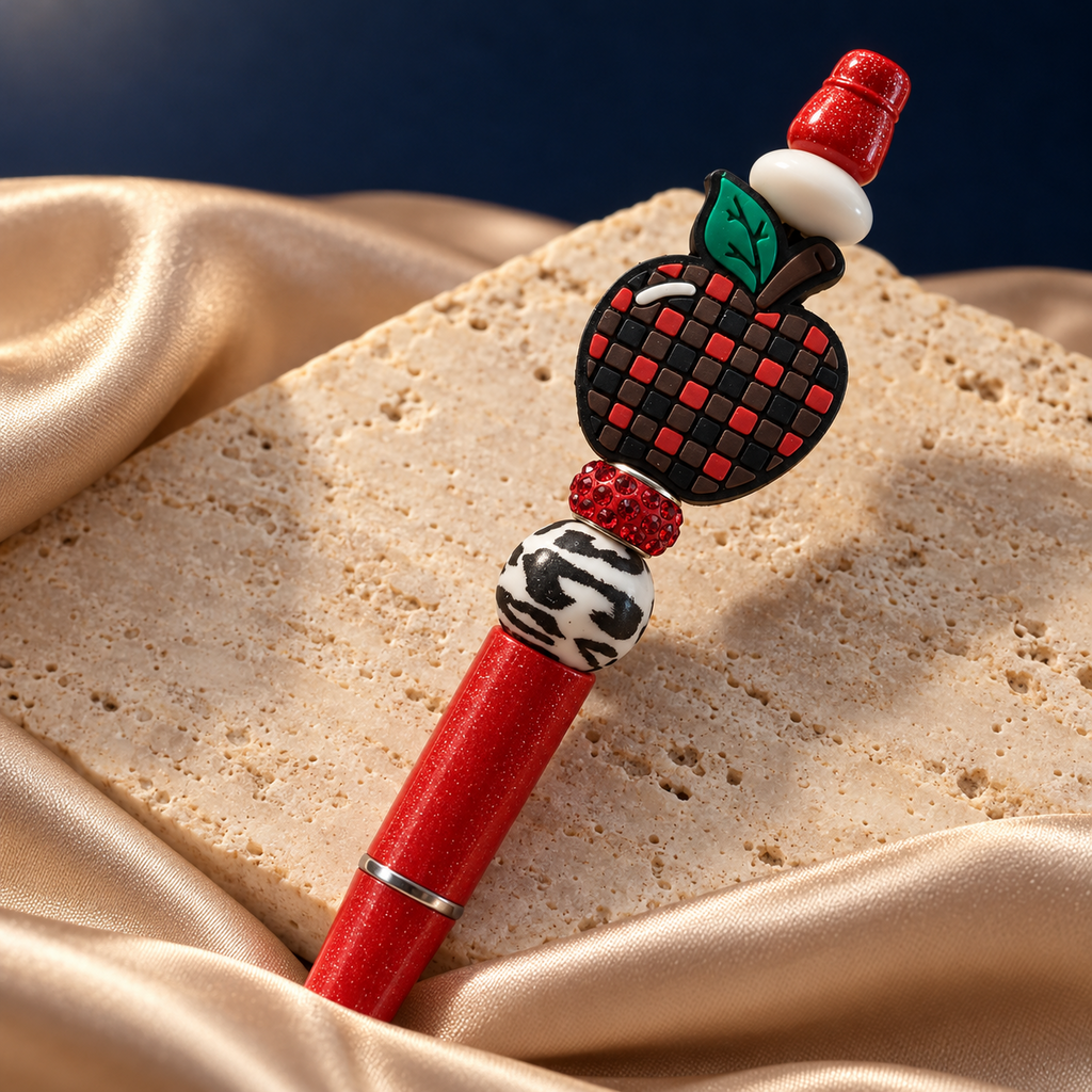Apple beaded pen resting on stone, showing its red-and-black checkered apple focal piece, sparkling red spacer, black-and-white bead, and red barrel