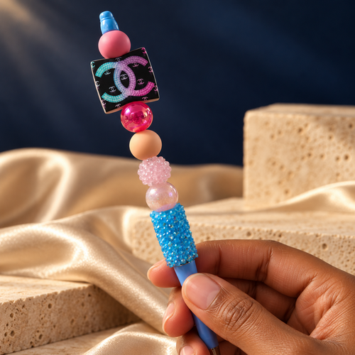 Candy Pop blue beaded pen held in hand, showing pink and peach beads, a sparkling blue section, and colorful double-C charm