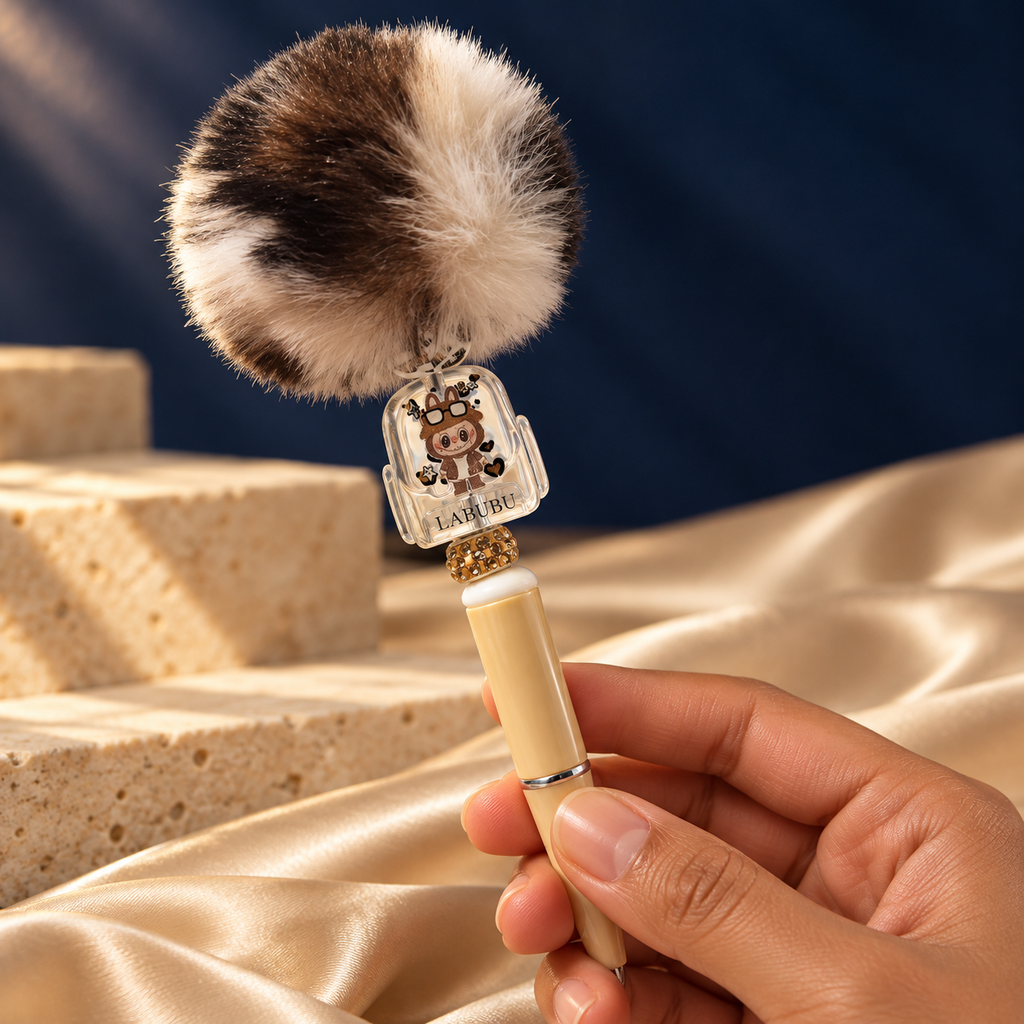Cozy Critter cream pen held in hand, showing the brown-and-cream pom-pom and clear backpack-shaped character charm