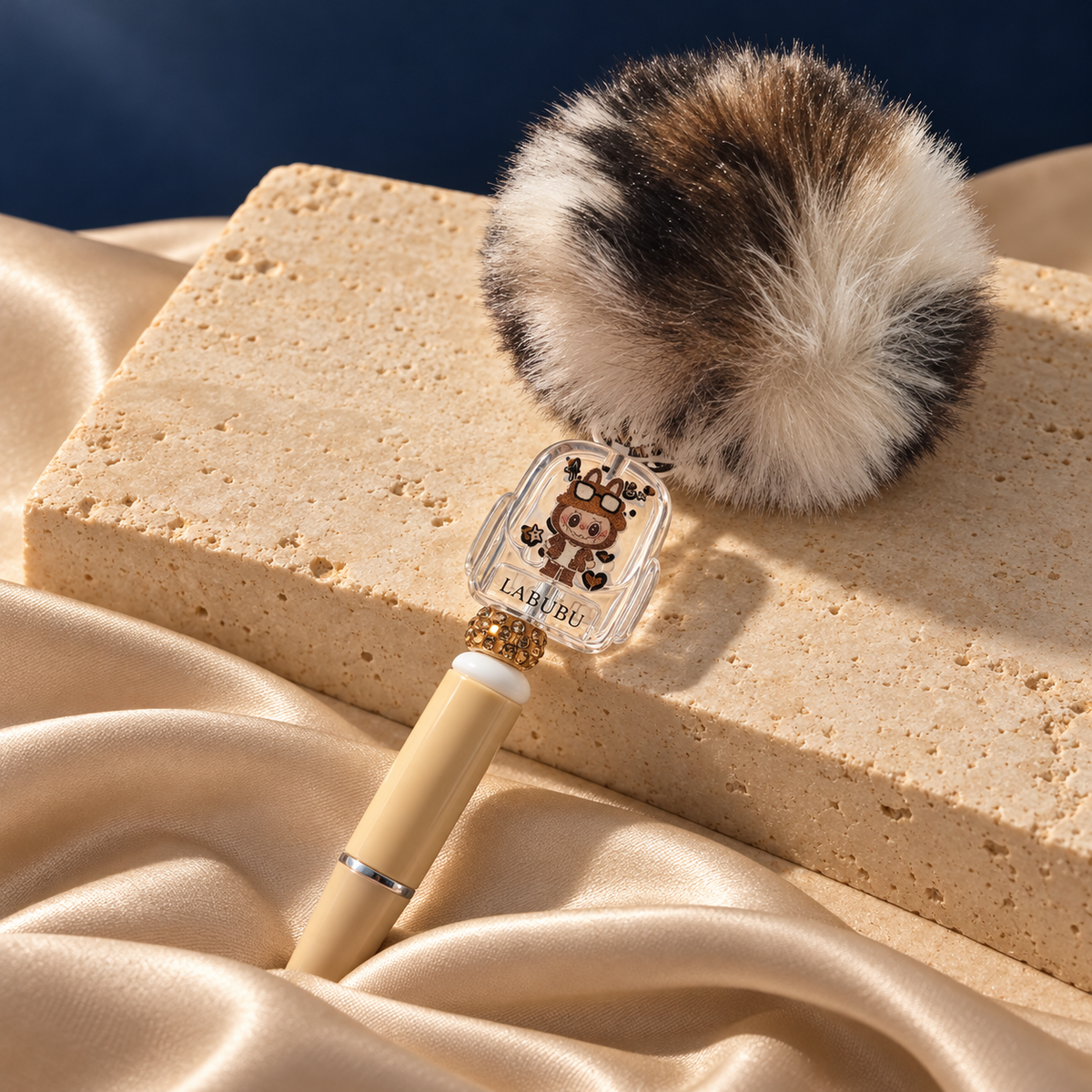 Cozy Critter cream pen resting on stone, with a clear backpack-shaped character charm and brown-and-cream pom-pom