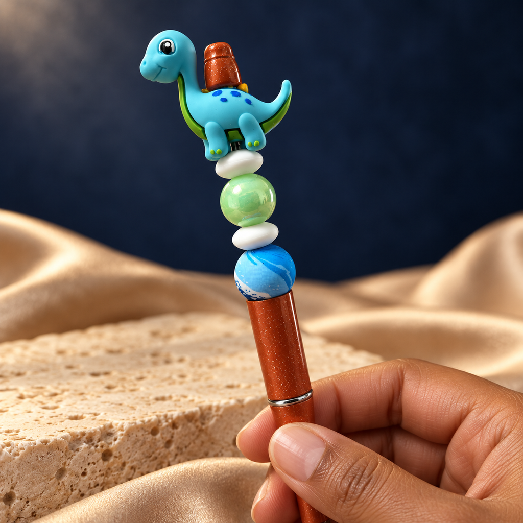 Blue dinosaur beaded pen held in hand, showing the orange glitter-look barrel and colorful beaded details