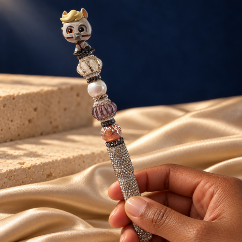 Golden Mane horse-topped pen held in hand, showing its champagne rhinestone barrel and ornate cream, pearl-look, mauve, and copper-toned beads
