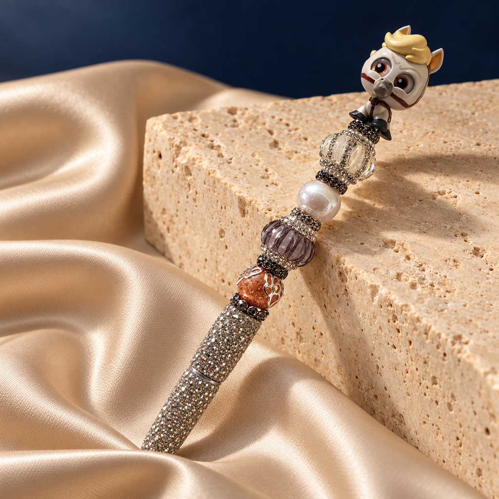 Golden Mane horse-topped rhinestone pen resting on stone, showing the pearl-look, smoky mauve, and copper-toned beads