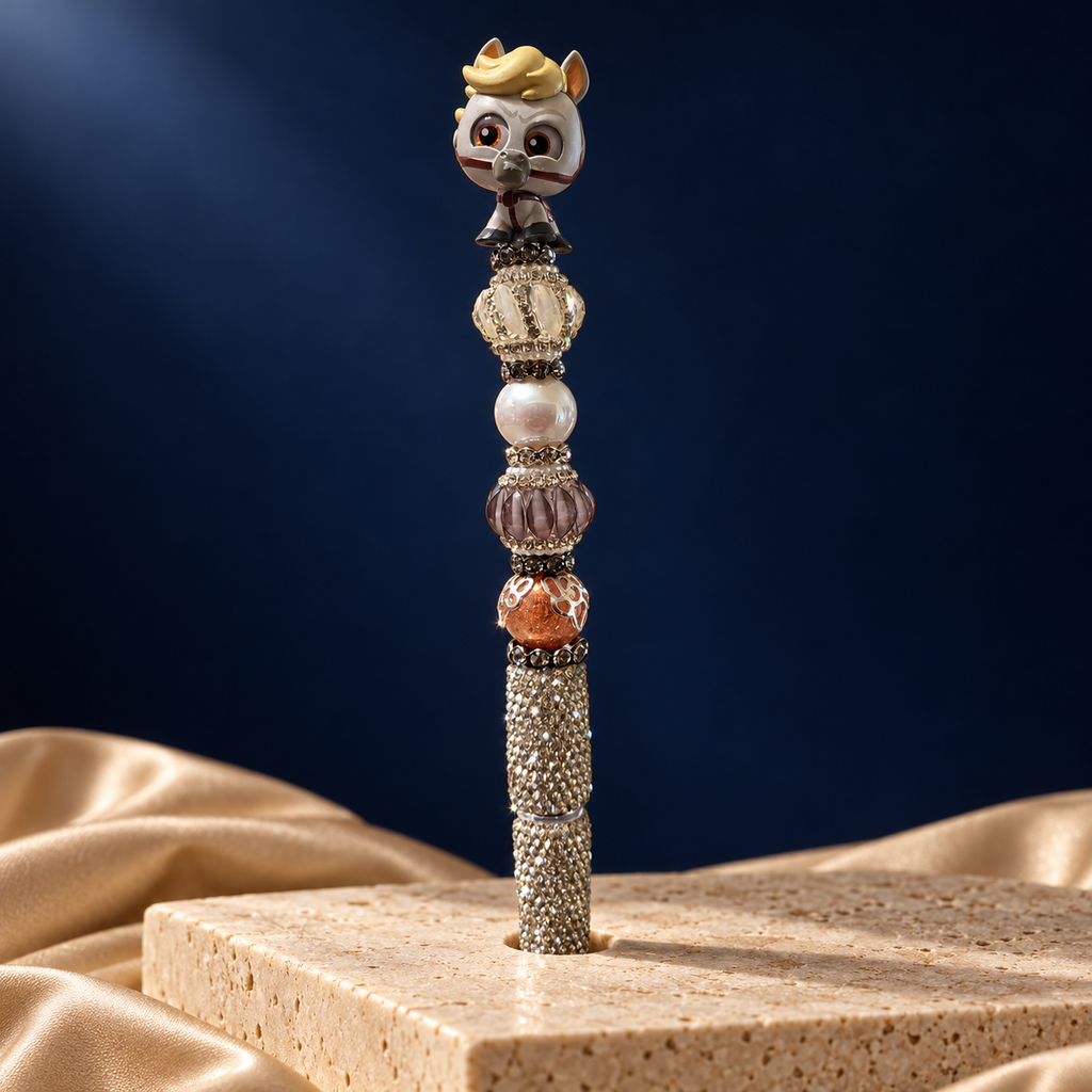 Horse-topped beaded pen with a champagne rhinestone barrel, pearl-look bead, smoky mauve bead, and copper-toned accent