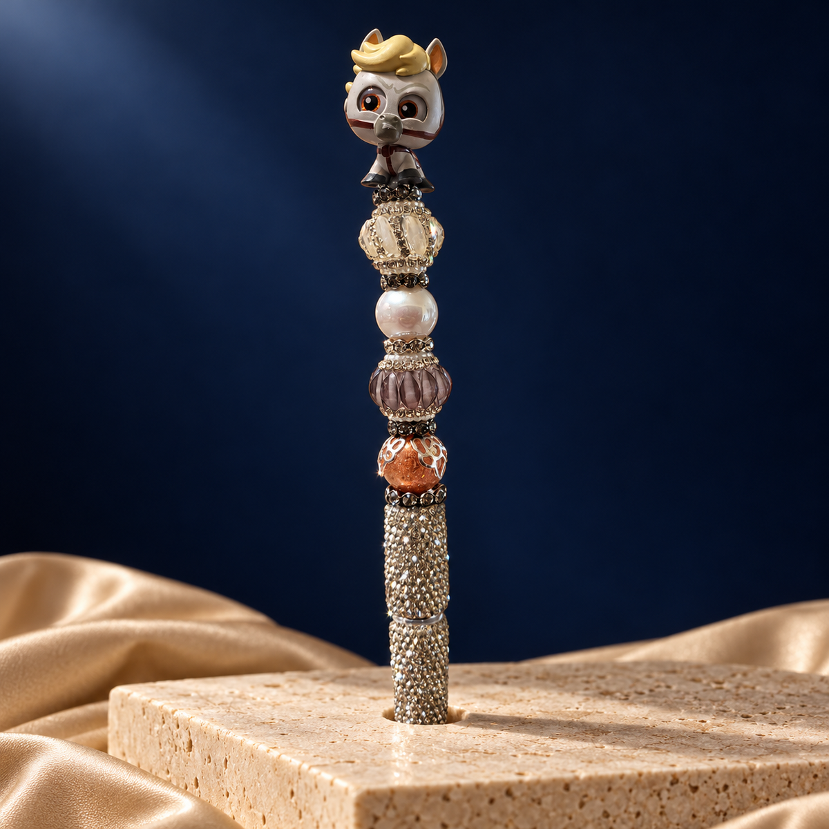 Horse-topped beaded pen with a champagne rhinestone barrel, pearl-look bead, smoky mauve bead, and copper-toned accent