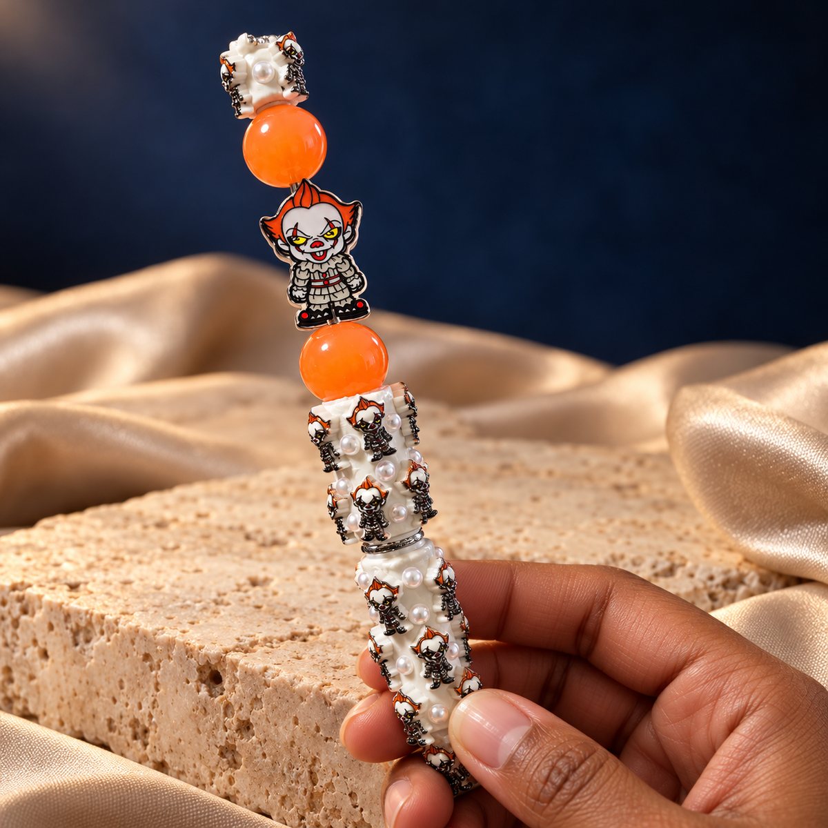Midnight Carnival Beaded Pen held in hand, showing the orange-and-white clown design and pearl-look accents