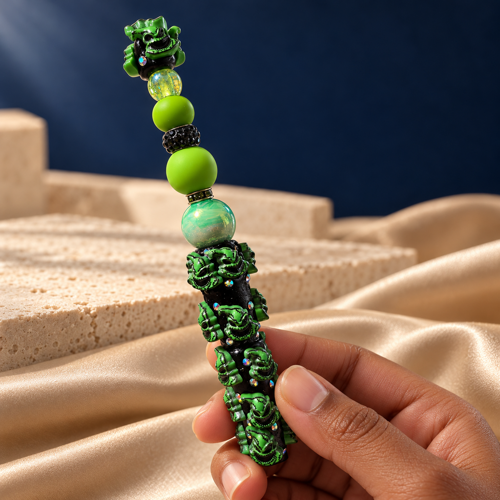 Midnight Mischief black-and-green pen held in hand, with bright lime beads and repeated grinning character details