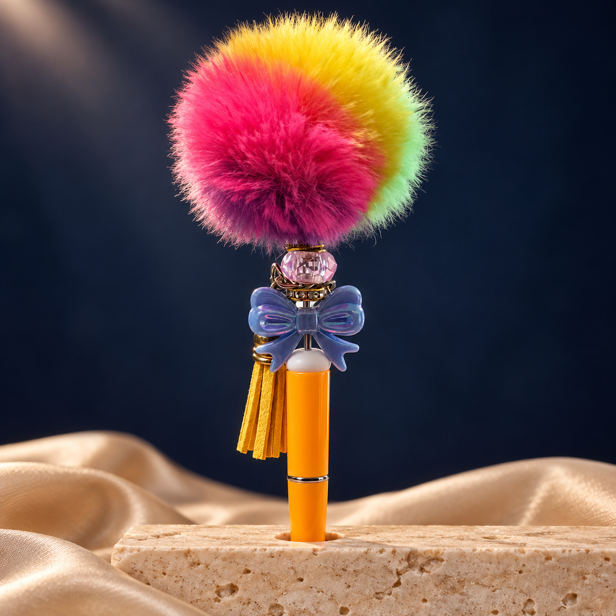 Rainbow pom-pom pen with a pink faceted bead, lavender bow, yellow tassel, and orange-yellow barrel, standing upright
