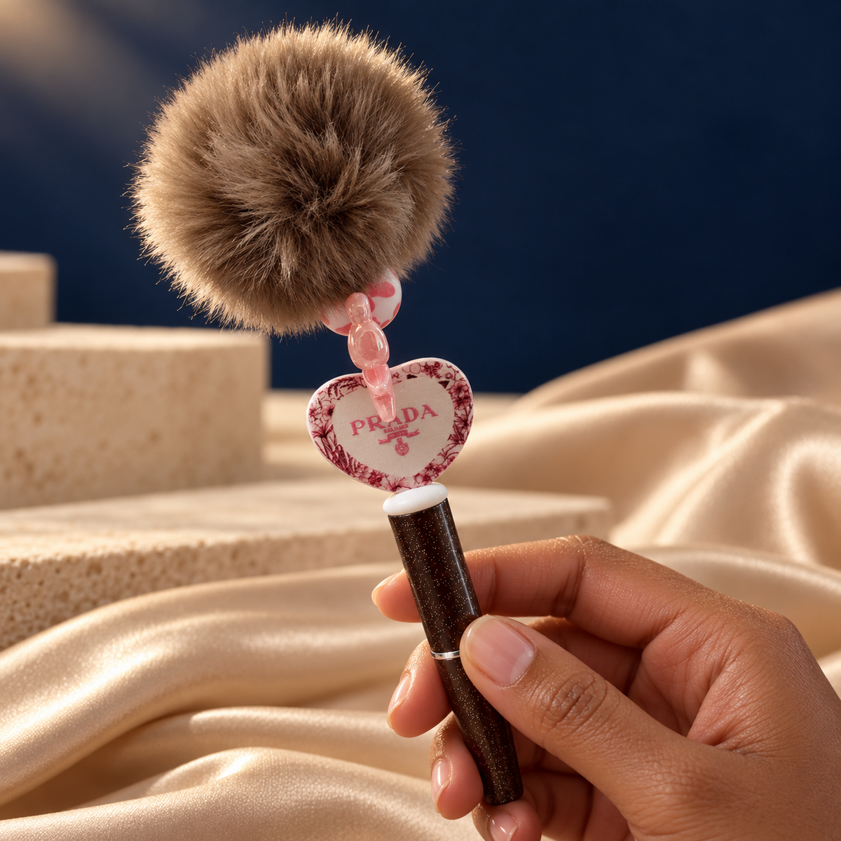 Rosy Heart brown glitter-look pen held in hand, showing its brown pom-pom, translucent pink accents, and floral heart charm