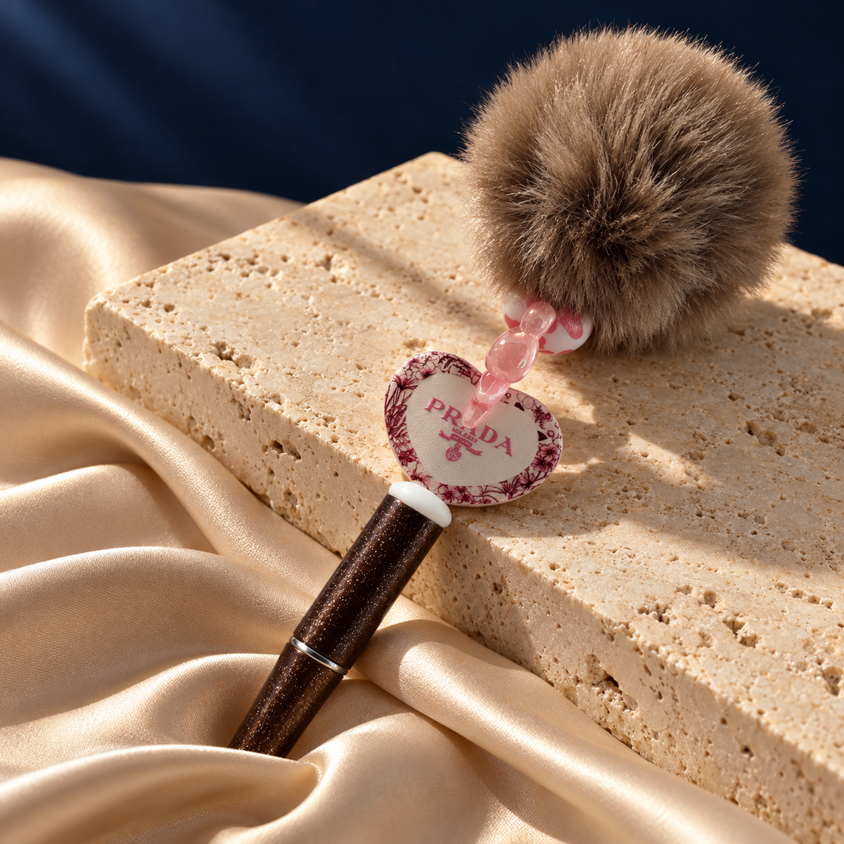 Rosy Heart brown glitter-look pen resting on stone, with brown pom-pom, translucent pink details, and floral-bordered cream heart charm