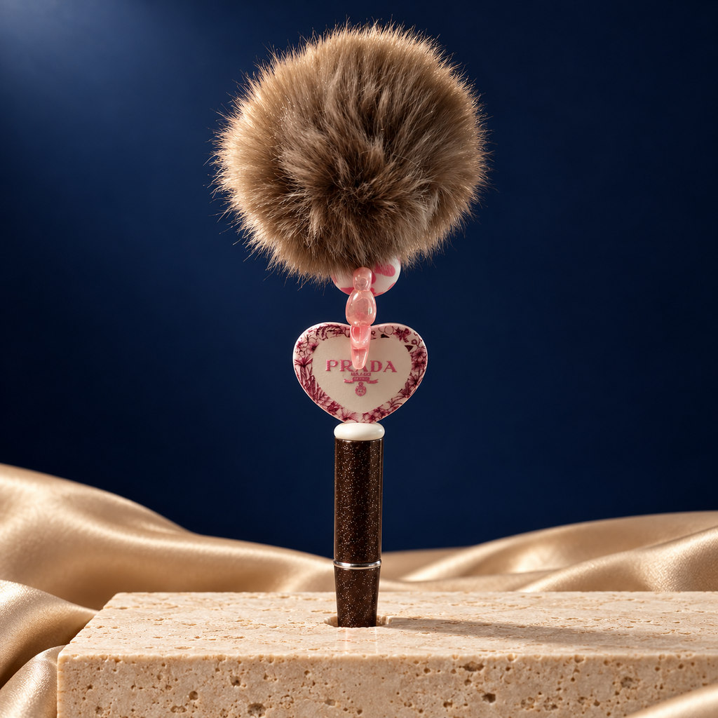 Brown glitter-look pen with brown pom-pom, pink accents, and a cream heart charm with floral border and Prada lettering
