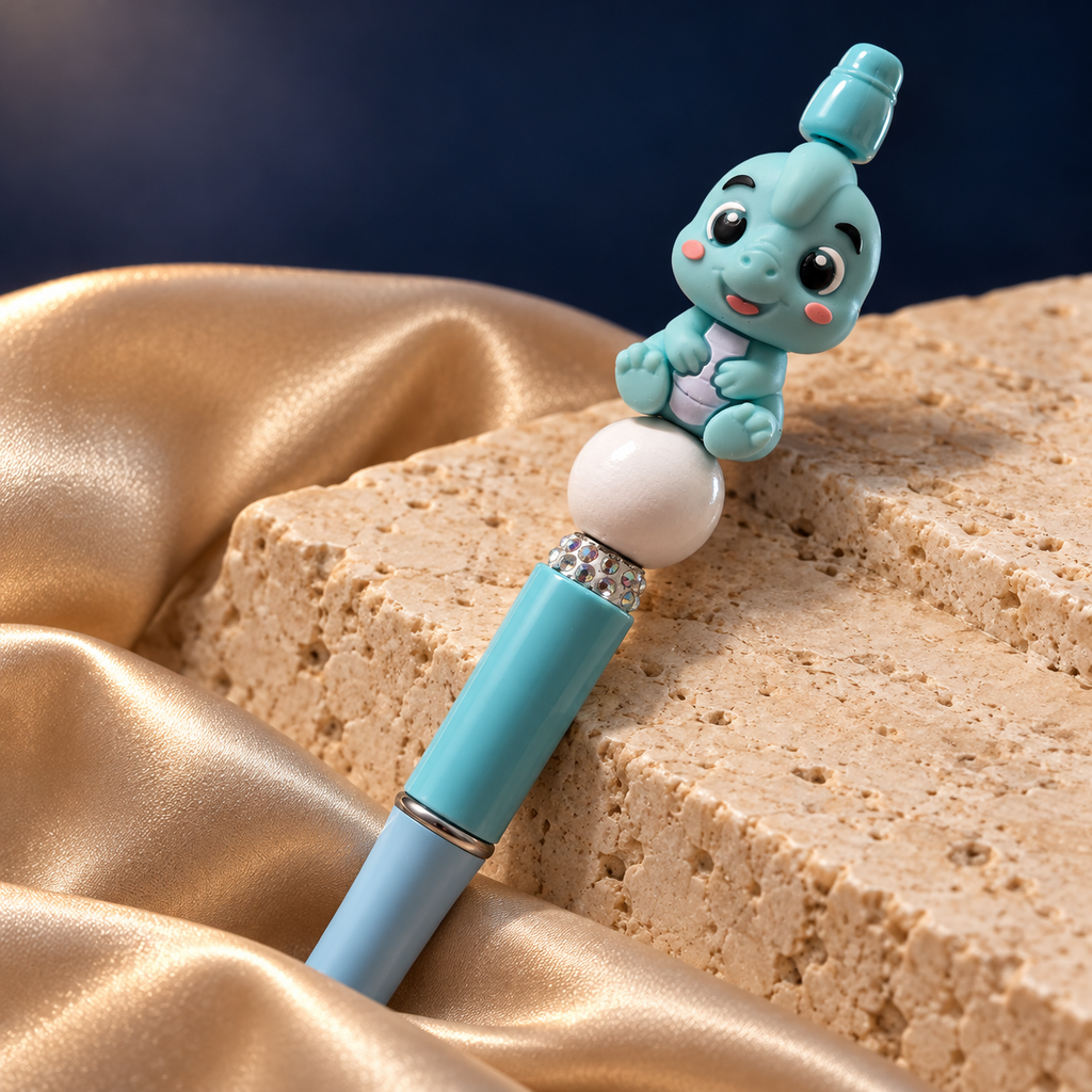 Teal baby-dinosaur beaded pen resting on stone, showing the seated topper, white pearl-look bead, sparkling accent band, and two-tone blue barrel