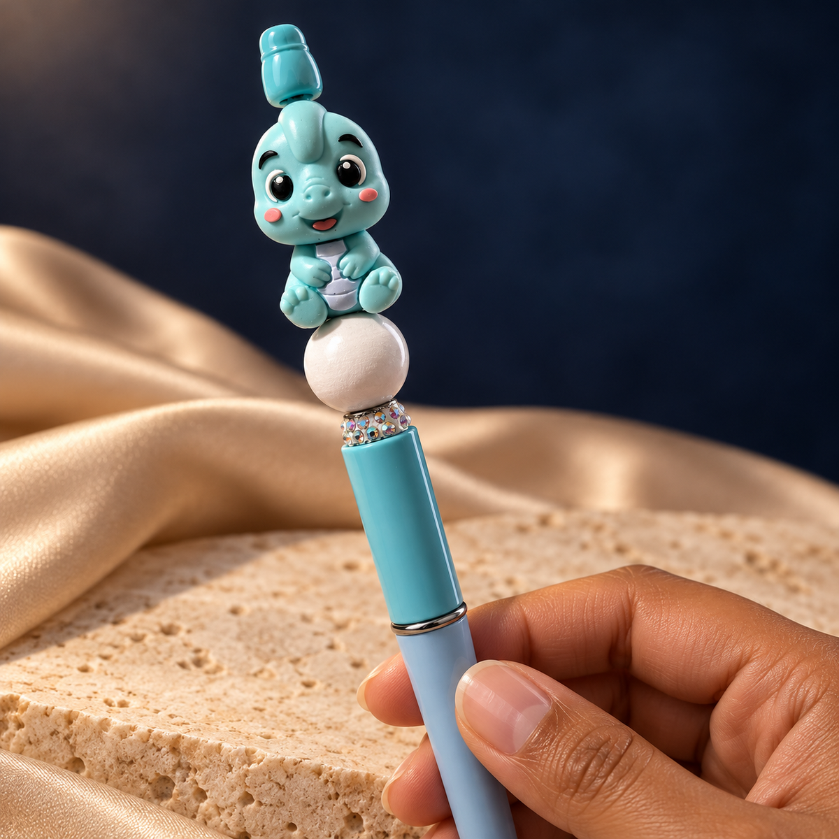 Teal baby-dinosaur beaded pen held in hand, showing its pearl-look bead and teal and pale-blue barrel