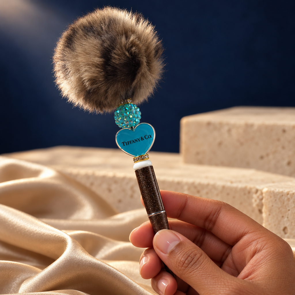 Turquoise Heart brown glitter-look pen held in hand, with a turquoise heart charm, sparkling turquoise bead, and brown pom-pom