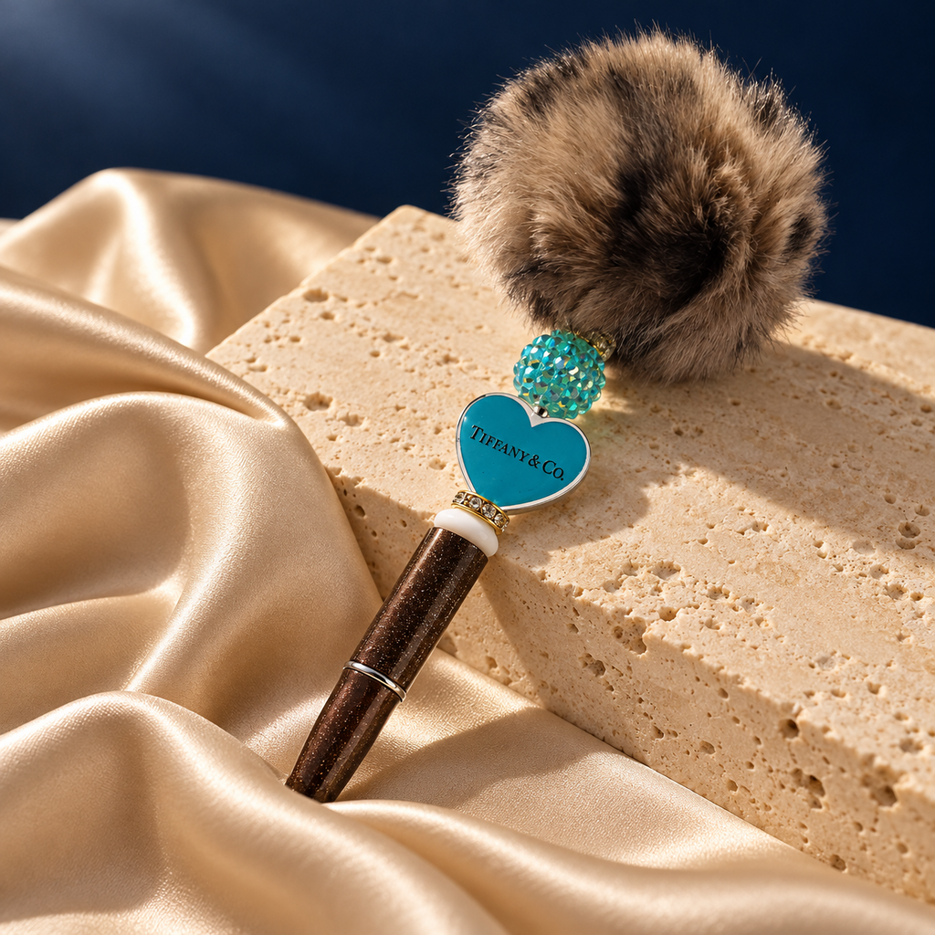 Turquoise Heart brown glitter-look pen resting on stone, with turquoise heart charm, sparkling turquoise bead, and brown pom-pom