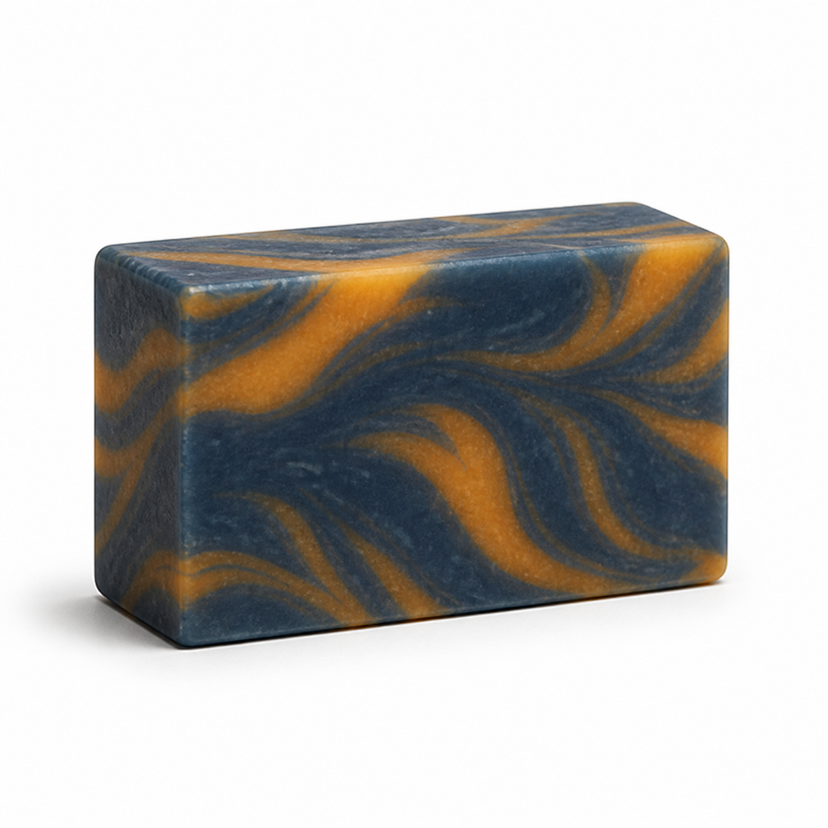 Single PL3 Kashmir Scrub cold process soap bar with navy and gold marbling