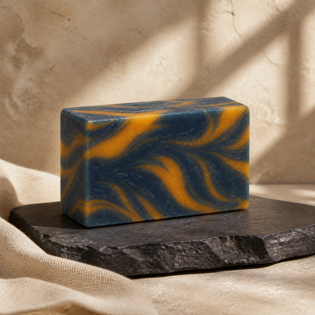 PL3 Kashmir Scrub soap bar on a charcoal slate pedestal