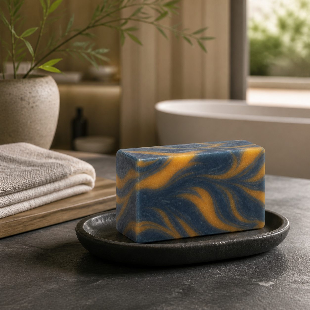 PL3 Kashmir Scrub soap in a refined charcoal and warm stone spa bathroom