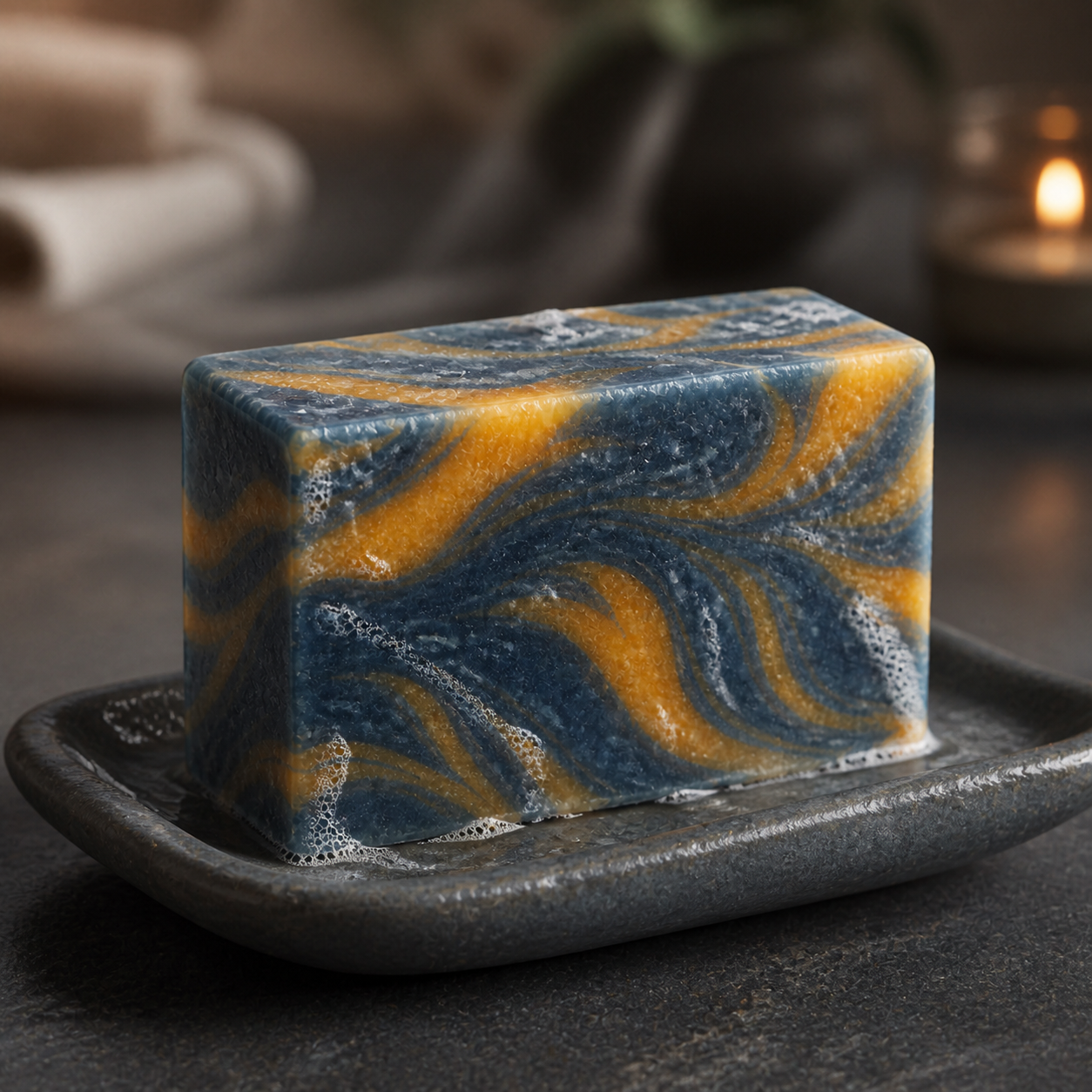 PL3 Kashmir Scrub soap with water droplets and light lather
