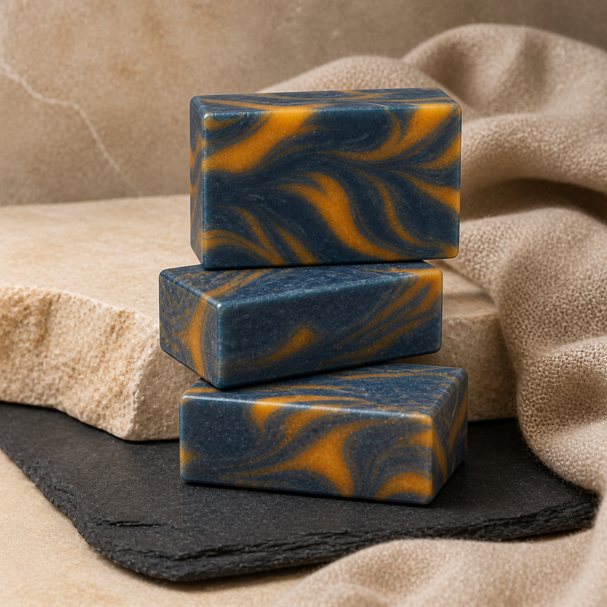 Three PL3 Kashmir Scrub soap bars arranged as a premium set