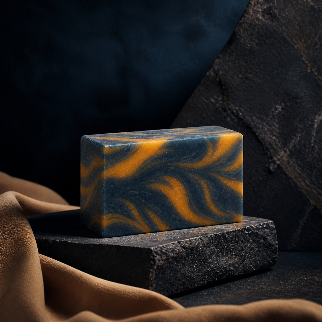 PL3 Kashmir Scrub soap in a dramatic midnight blue editorial setting