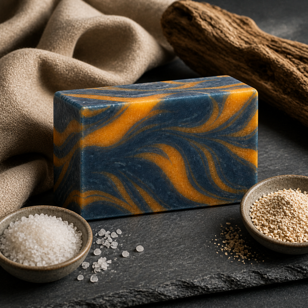 PL3 Kashmir Scrub soap styled with sea salt and ground oatmeal exfoliants