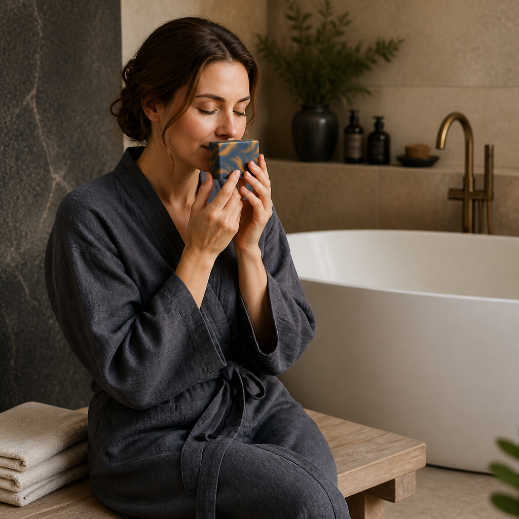 Woman seated beside a spa bathtub enjoying the fragrance of PL3 Kashmir Scrub soap