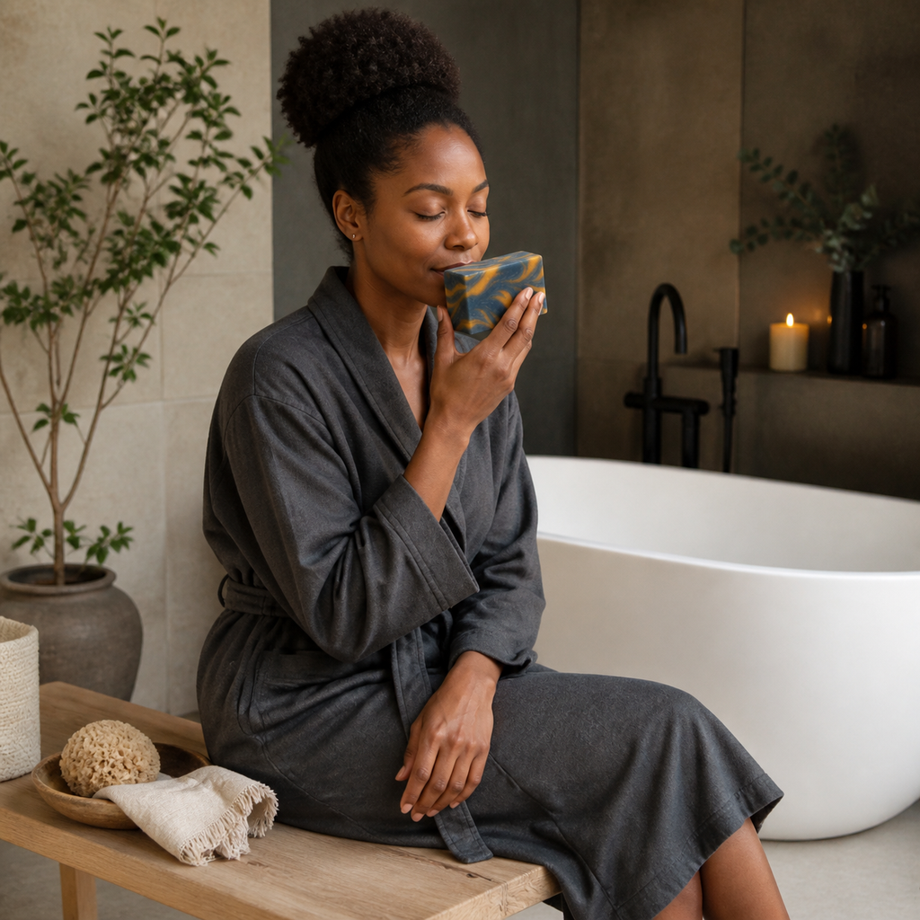 Black woman seated beside a spa bathtub enjoying the fragrance of PL3 Kashmir Scrub soap