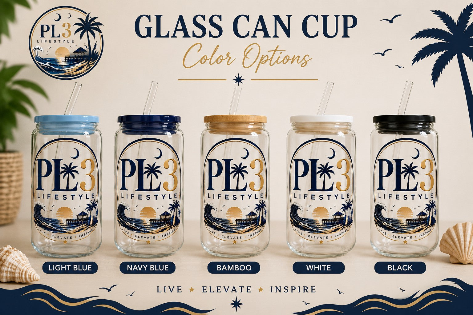 PL3 Lifestyle glass can cup lid color options in light blue, navy blue, bamboo, white, and black
