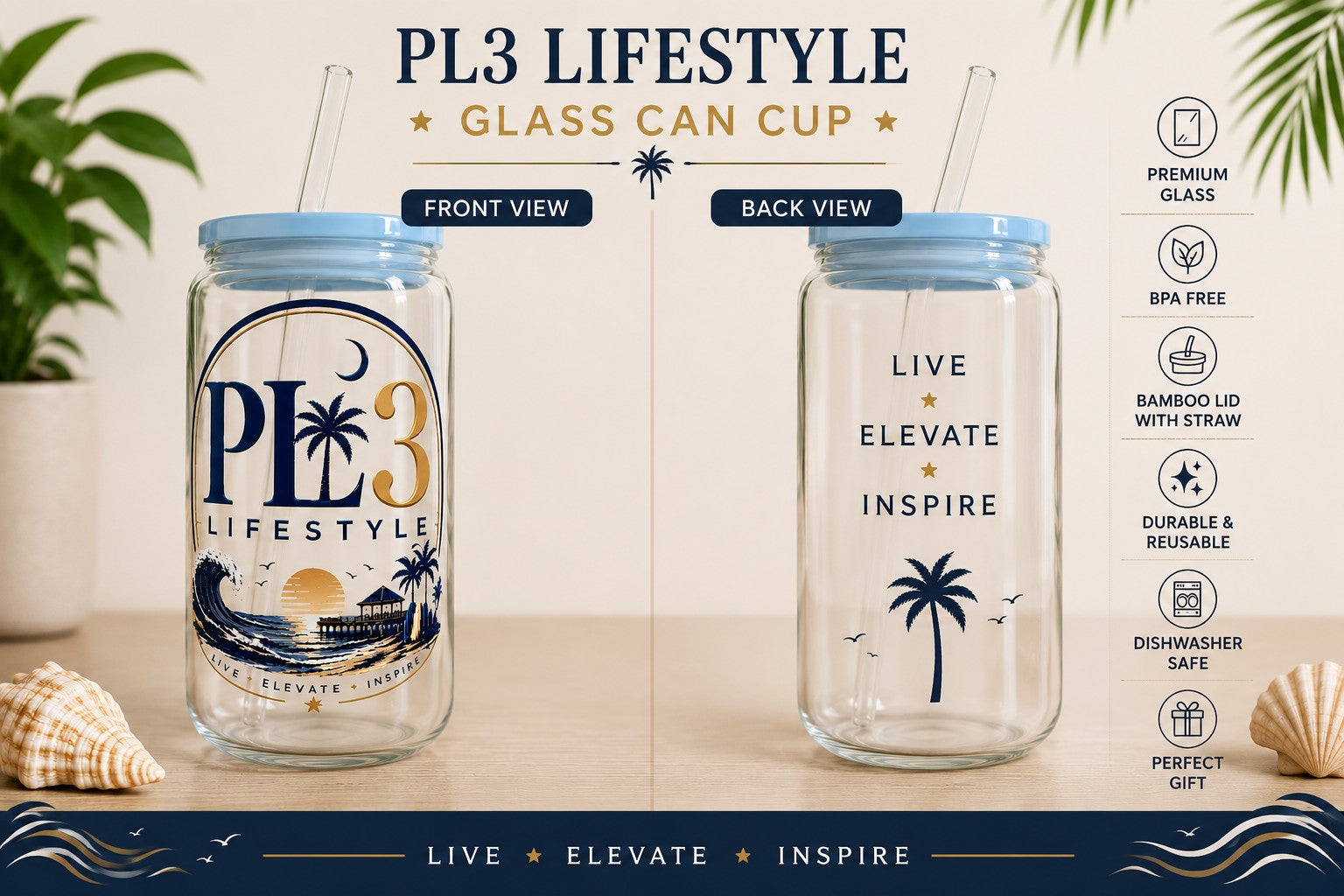 Front and back views of the PL3 Lifestyle 16 ounce glass can cup